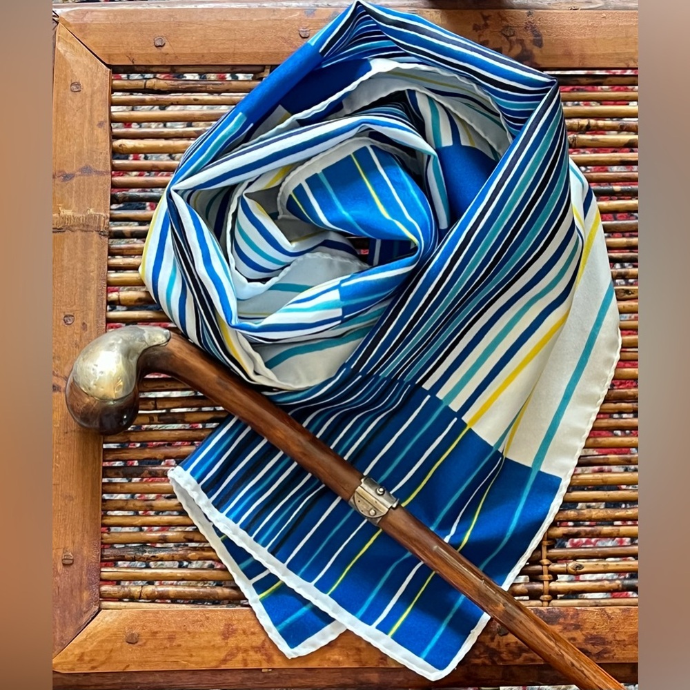 MADE IN ITALY Vintage Striped Scarf 55” X 14” Hand Rolled Blue Yellow White
